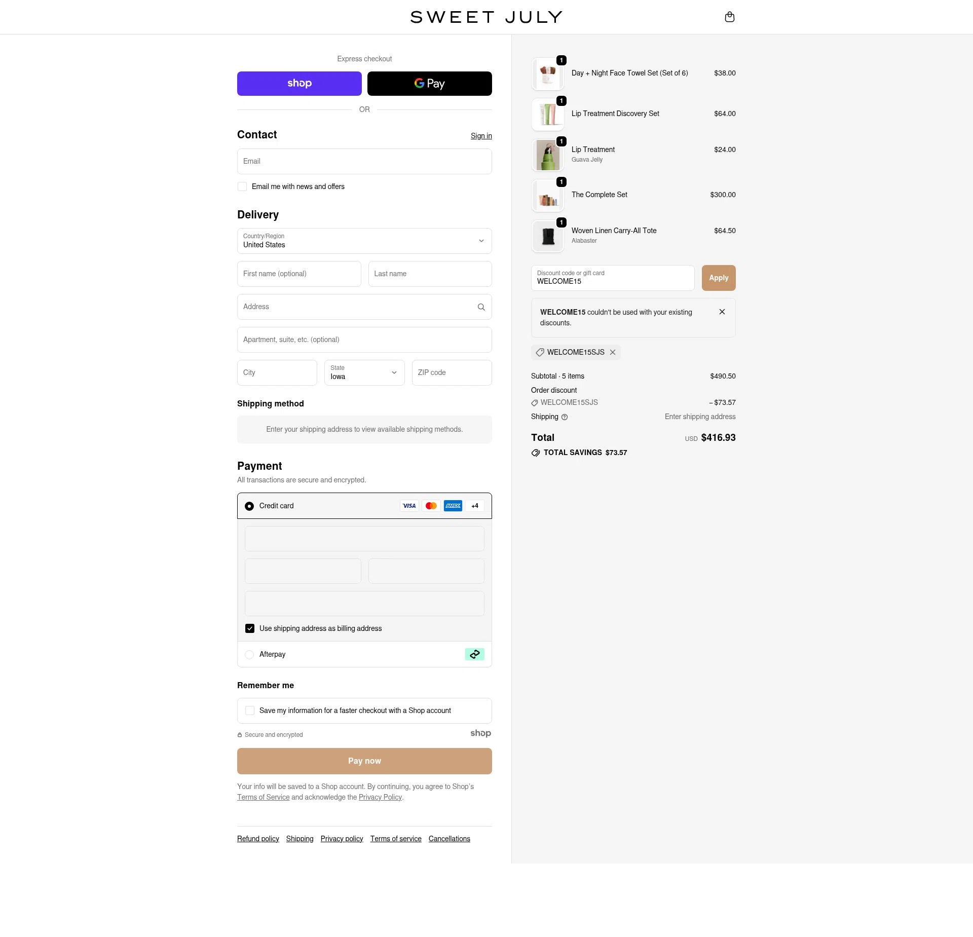 Sweet July checkout page showing Sweet July promo code box | Screenshot taken by SimplyCodes community member on Oct 3, 2025