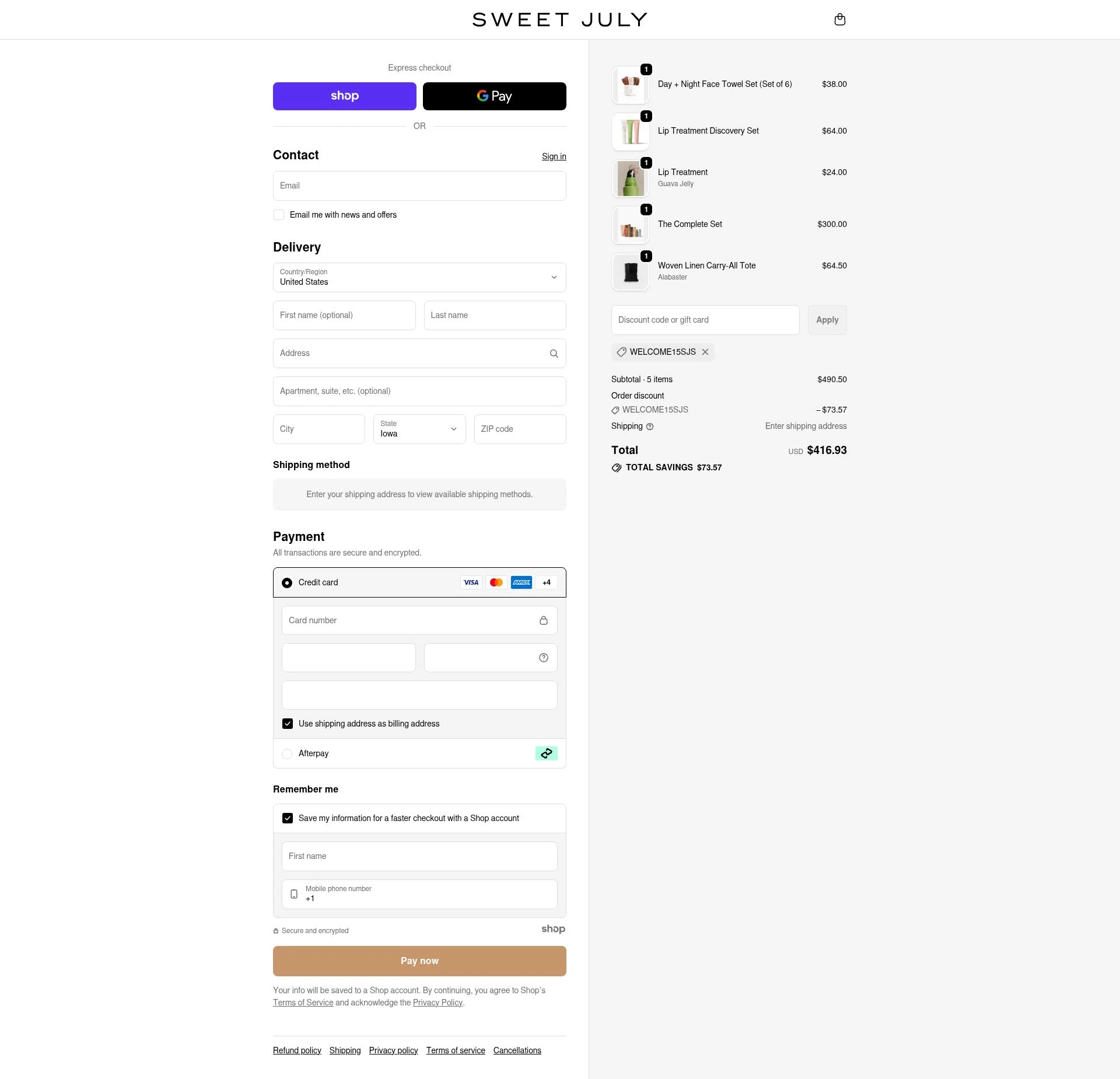 Sweet July checkout page showing Sweet July promo code box | Screenshot taken by SimplyCodes community member on Oct 7, 2025