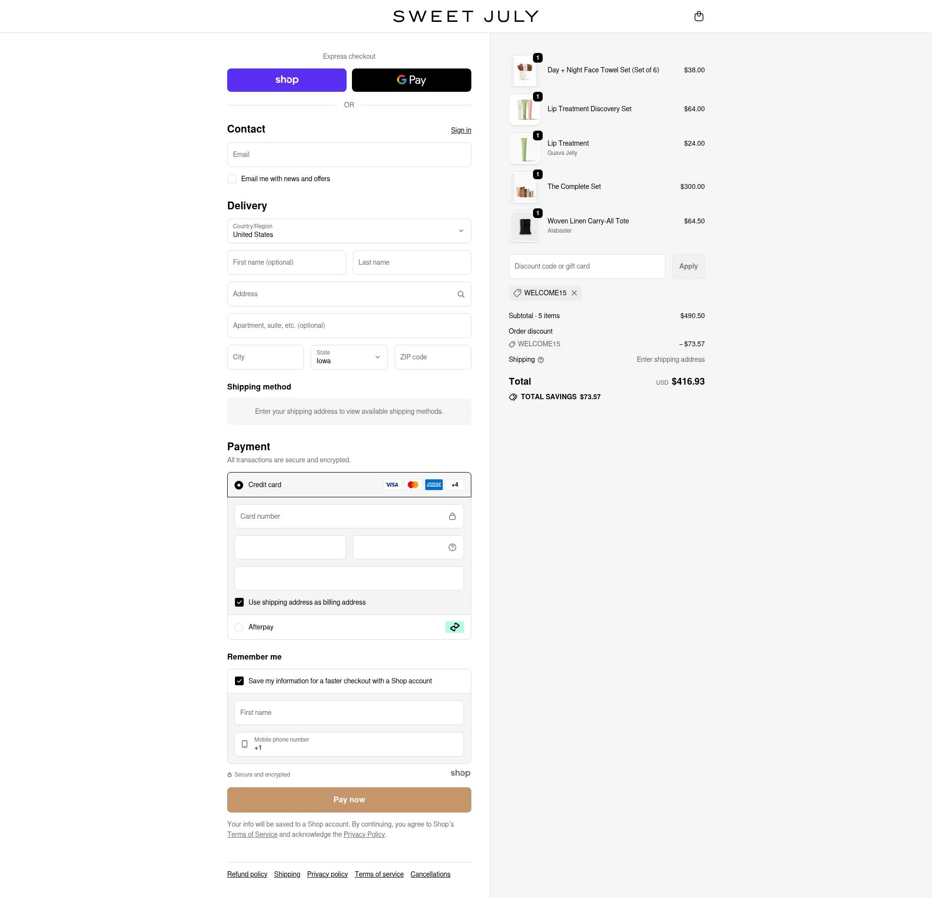 Sweet July checkout page showing Sweet July promo code box | Screenshot taken by SimplyCodes community member on Sep 21, 2025