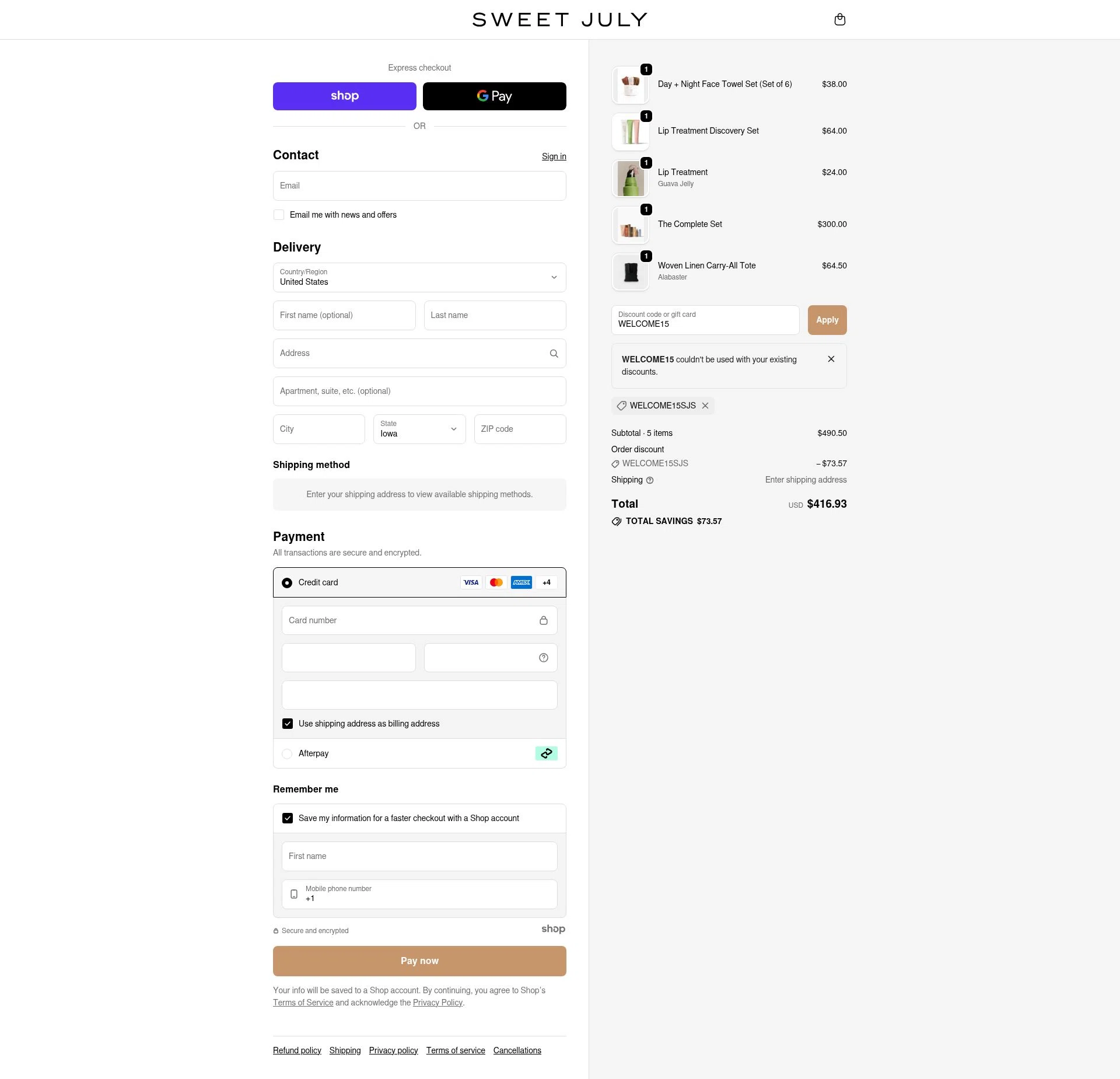 Sweet July checkout page showing Sweet July promo code box | Screenshot taken by SimplyCodes community member on Oct 7, 2025