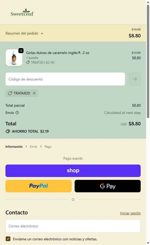 SweetLeaf checkout page showing SweetLeaf promo code box | Screenshot taken by SimplyCodes community member on Dec 26, 2025