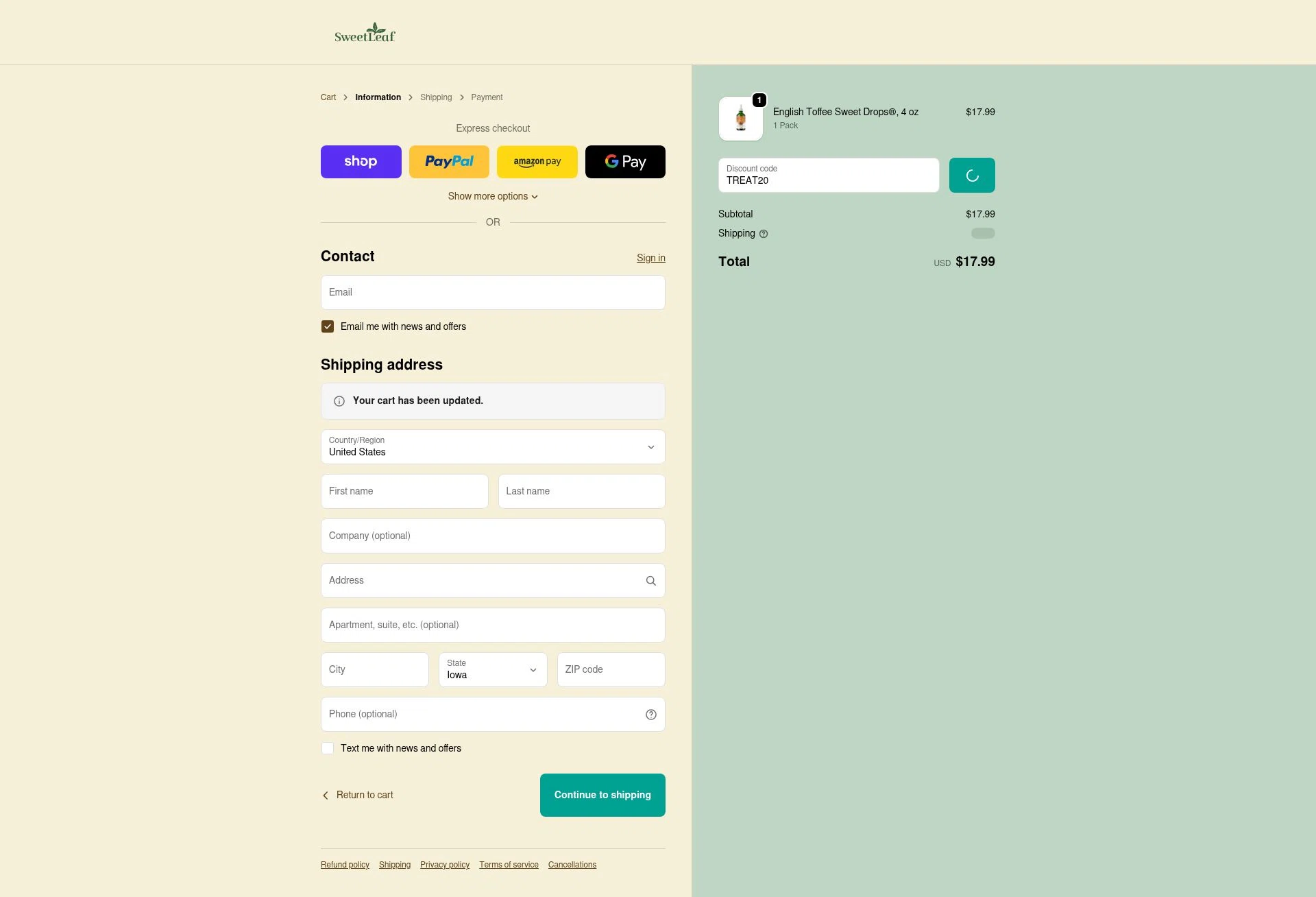 SweetLeaf checkout page showing SweetLeaf promo code box | Screenshot taken by SimplyCodes community member on Dec 27, 2025