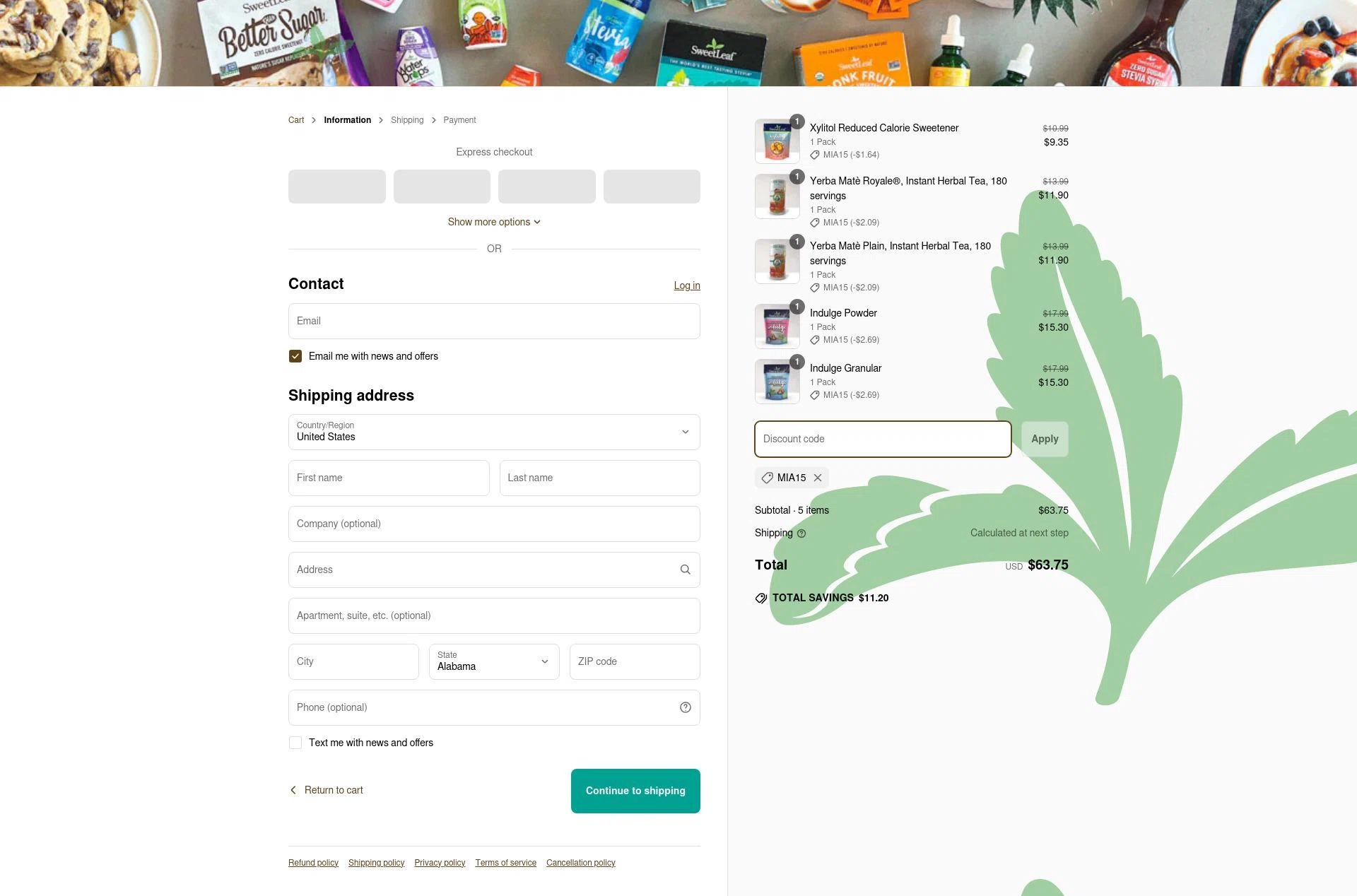 SweetLeaf checkout page showing SweetLeaf promo code box | Screenshot taken by SimplyCodes community member on May 2, 2025