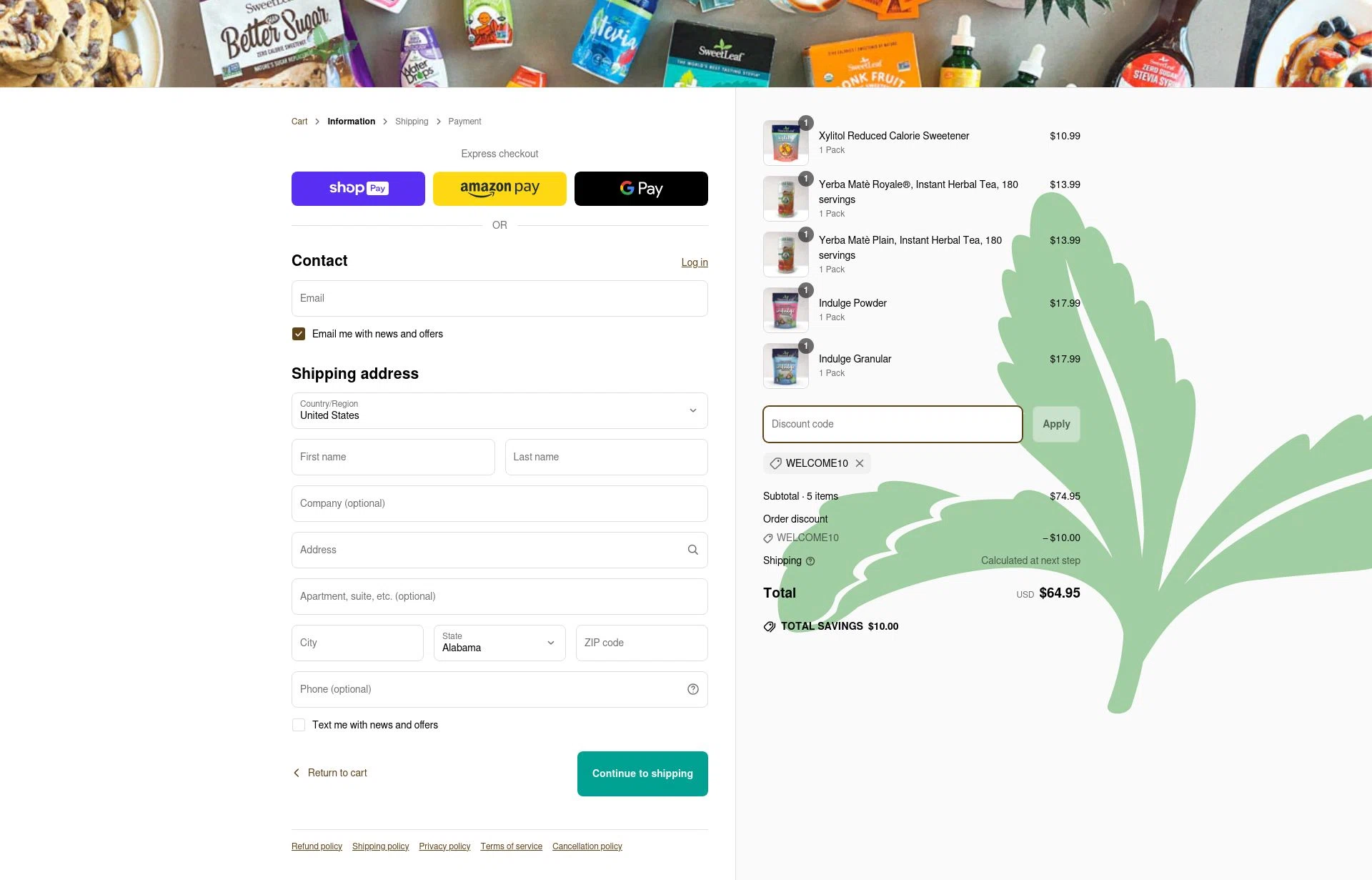 SweetLeaf checkout page showing SweetLeaf promo code box | Screenshot taken by SimplyCodes community member on May 2, 2025