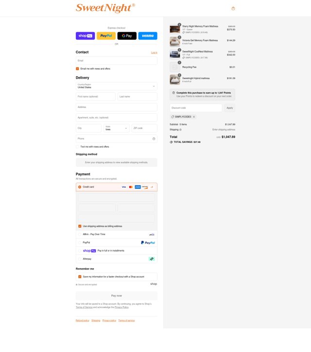 Sweetnight checkout page showing Sweetnight discount code box | Screenshot taken by SimplyCodes community member on Jul 27, 2025