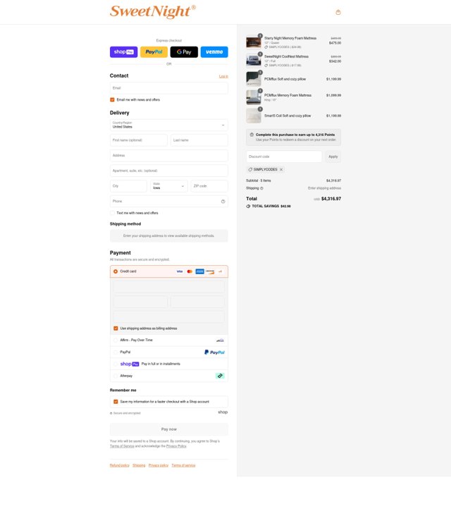 Sweetnight checkout page showing Sweetnight discount code box | Screenshot taken by SimplyCodes community member on Aug 5, 2025