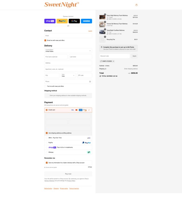 Sweetnight checkout page showing Sweetnight discount code box | Screenshot taken by SimplyCodes community member on Aug 1, 2025