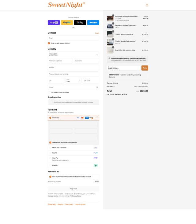 Sweetnight checkout page showing Sweetnight discount code box | Screenshot taken by SimplyCodes community member on Aug 17, 2025