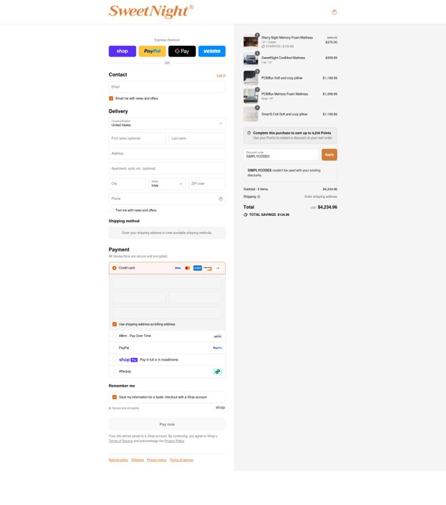 Sweetnight checkout page showing Sweetnight discount code box | Screenshot taken by SimplyCodes community member on Aug 13, 2025