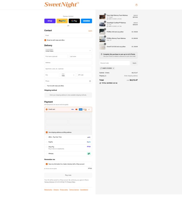 Sweetnight checkout page showing Sweetnight discount code box | Screenshot taken by SimplyCodes community member on Sep 4, 2025