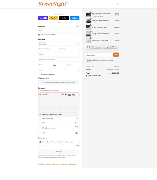 Sweetnight checkout page showing Sweetnight discount code box | Screenshot taken by SimplyCodes community member on Aug 23, 2025