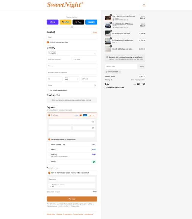 Sweetnight checkout page showing Sweetnight discount code box | Screenshot taken by SimplyCodes community member on Aug 31, 2025