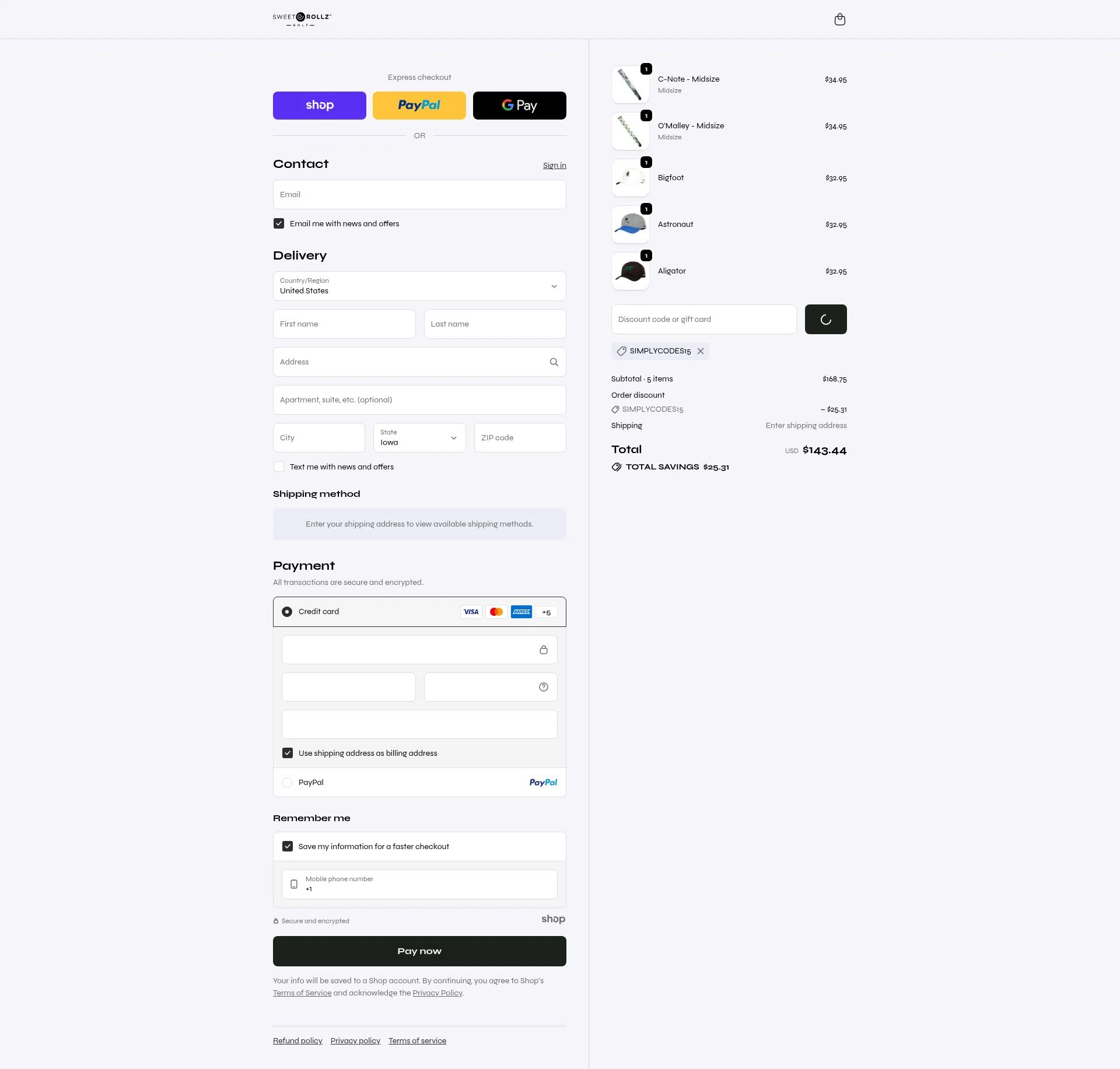 Sweet Rollz Golf checkout page showing Sweet Rollz Golf discount code box | Screenshot taken by SimplyCodes community member on Dec 29, 2025