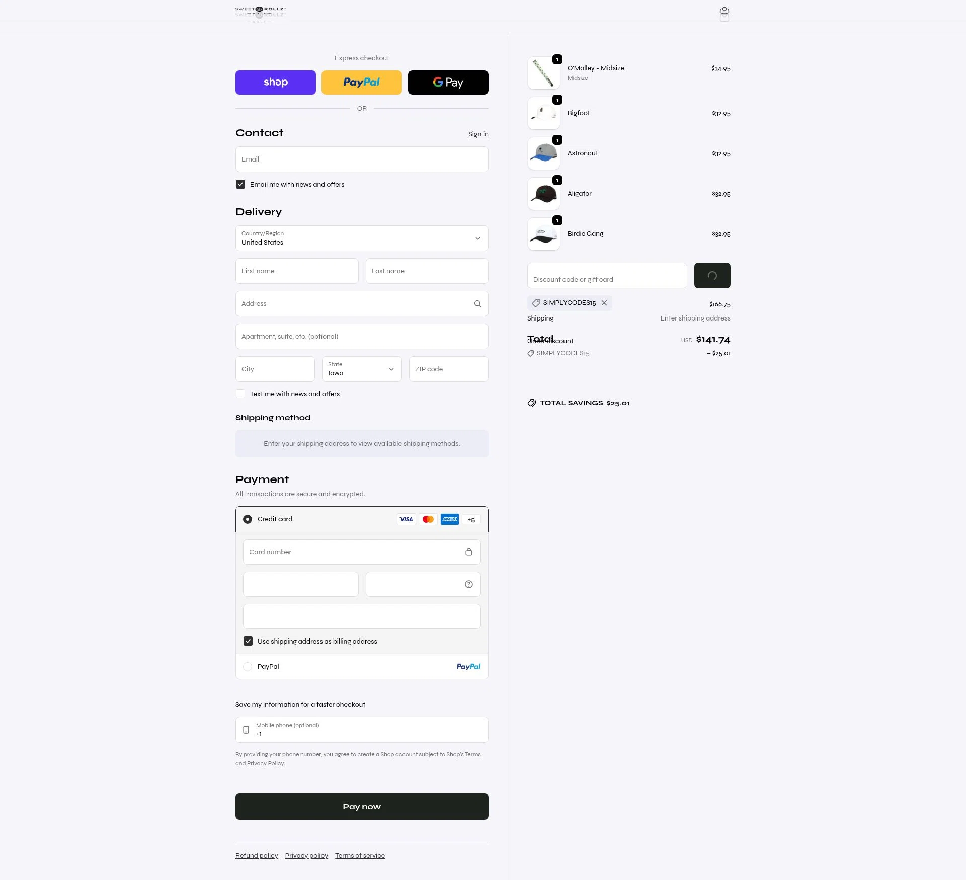 Sweet Rollz Golf checkout page showing Sweet Rollz Golf discount code box | Screenshot taken by SimplyCodes community member on Feb 6, 2026