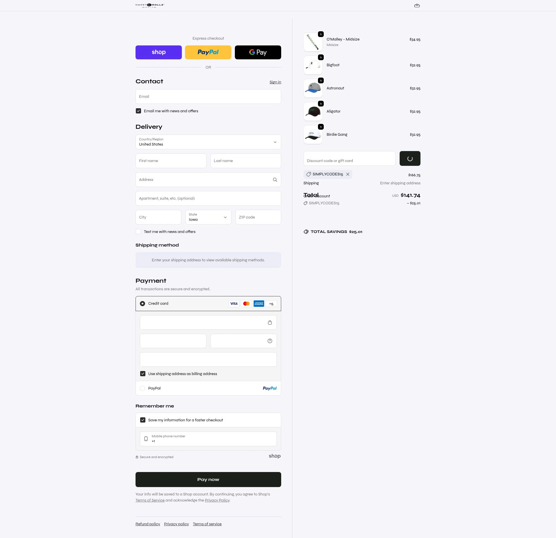 Sweet Rollz Golf checkout page showing Sweet Rollz Golf discount code box | Screenshot taken by SimplyCodes community member on Jan 23, 2026