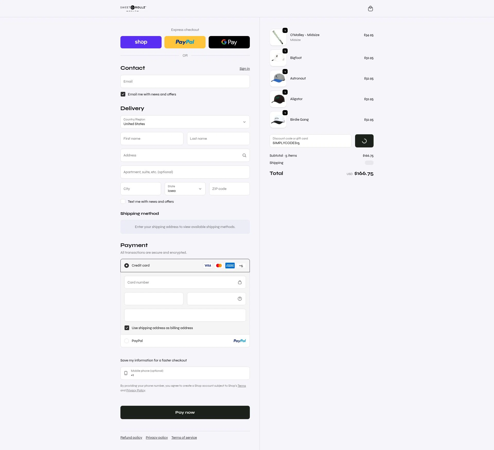 Sweet Rollz Golf checkout page showing Sweet Rollz Golf discount code box | Screenshot taken by SimplyCodes community member on Feb 1, 2026