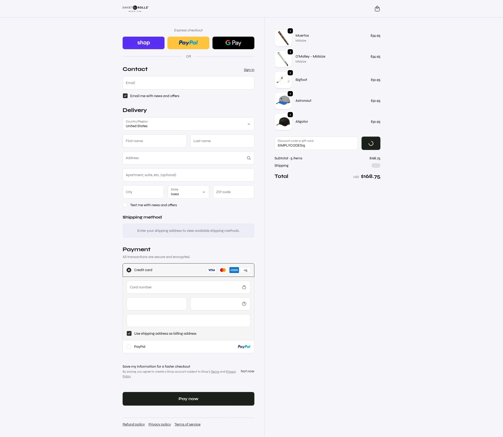 Sweet Rollz Golf checkout page showing Sweet Rollz Golf discount code box | Screenshot taken by SimplyCodes community member on Feb 19, 2026