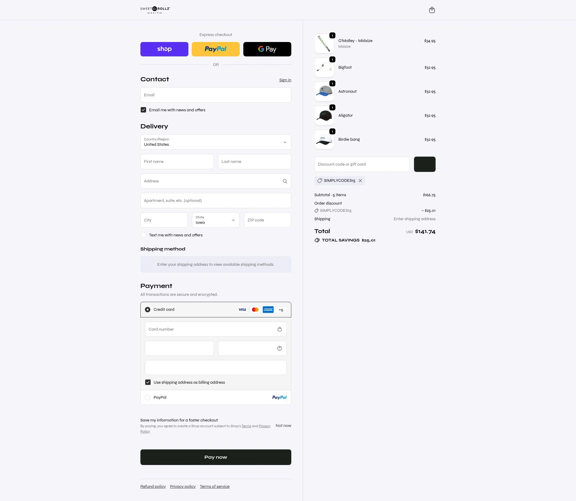 Sweet Rollz Golf checkout page showing Sweet Rollz Golf discount code box | Screenshot taken by SimplyCodes community member on Feb 14, 2026