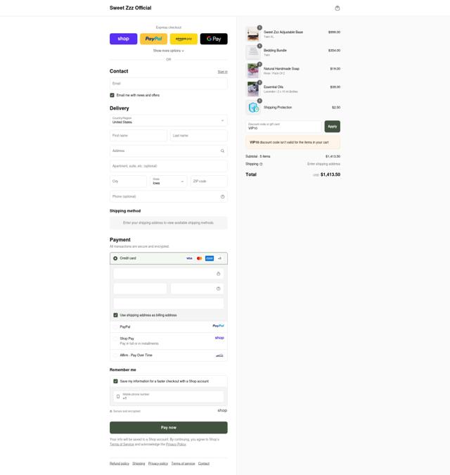 Sweet Zzz Mattress checkout page showing Sweet Zzz Mattress coupon code box | Screenshot taken by SimplyCodes community member on Sep 12, 2025