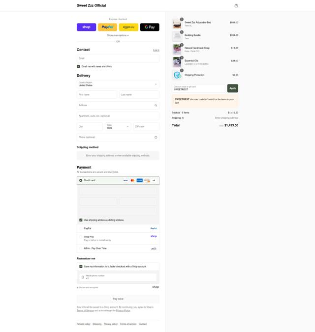 Sweet Zzz Mattress checkout page showing Sweet Zzz Mattress coupon code box | Screenshot taken by SimplyCodes community member on Sep 8, 2025