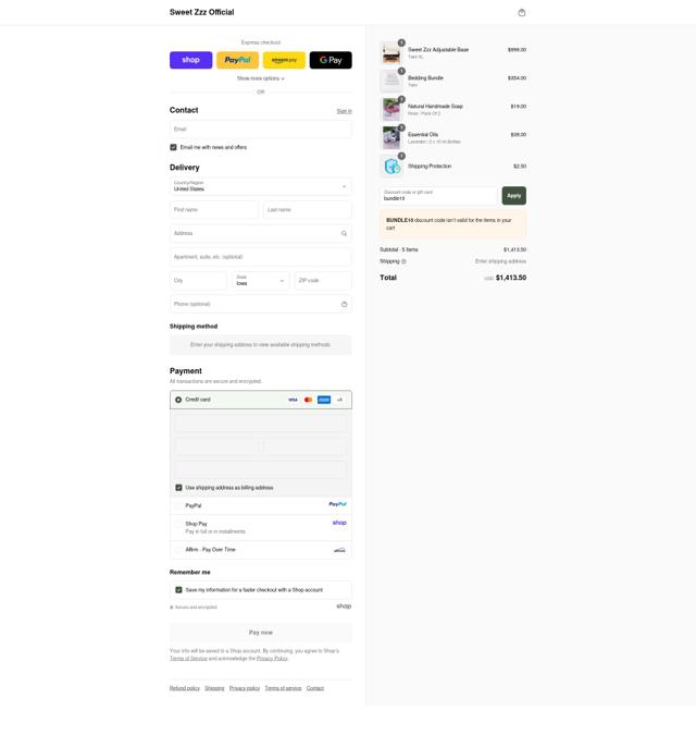 Sweet Zzz Mattress checkout page showing Sweet Zzz Mattress coupon code box | Screenshot taken by SimplyCodes community member on Sep 12, 2025