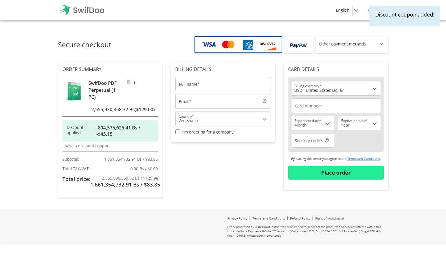 SwifDoo PDF checkout page showing SwifDoo PDF promo code box | Screenshot taken by SimplyCodes community member on Oct 16, 2025