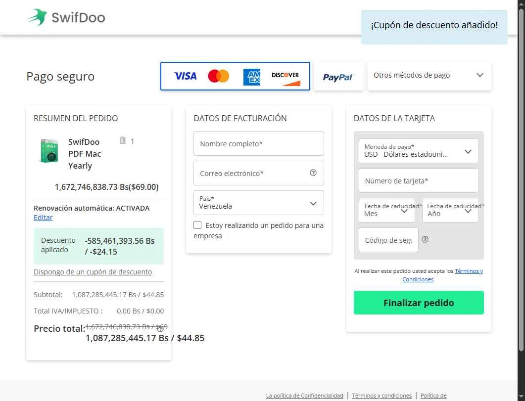 SwifDoo PDF checkout page showing SwifDoo PDF promo code box | Screenshot taken by SimplyCodes community member on Nov 26, 2025