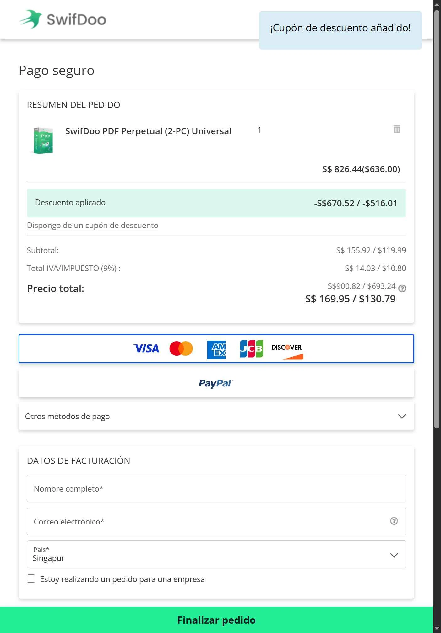SwifDoo PDF checkout page showing SwifDoo PDF promo code box | Screenshot taken by SimplyCodes community member on Oct 27, 2025