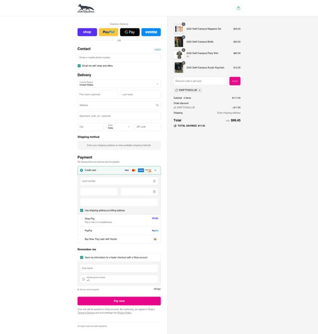 Swift Industries checkout page showing Swift Industries coupon code box | Screenshot taken by SimplyCodes community member on Aug 30, 2025
