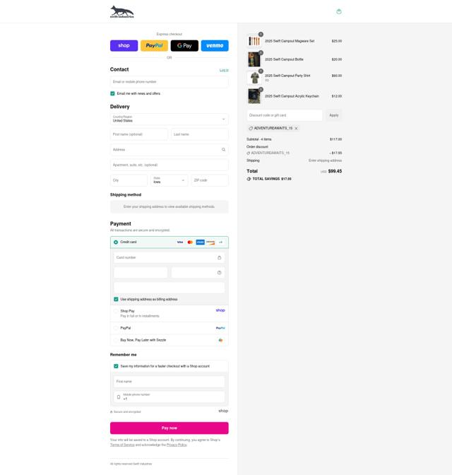 Swift Industries checkout page showing Swift Industries coupon code box | Screenshot taken by SimplyCodes community member on Aug 30, 2025