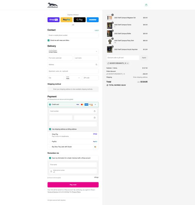 Swift Industries checkout page showing Swift Industries coupon code box | Screenshot taken by SimplyCodes community member on Aug 26, 2025