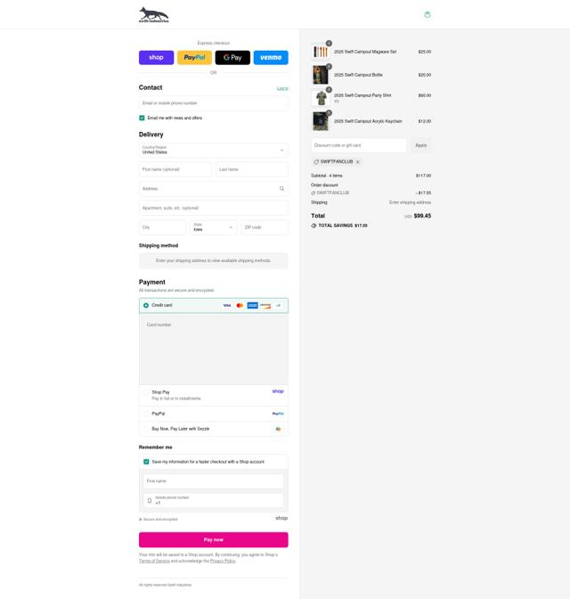 Swift Industries checkout page showing Swift Industries coupon code box | Screenshot taken by SimplyCodes community member on Sep 3, 2025