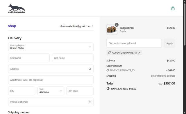 Swift Industries checkout page showing Swift Industries coupon code box | Screenshot taken by SimplyCodes community member on Sep 5, 2025
