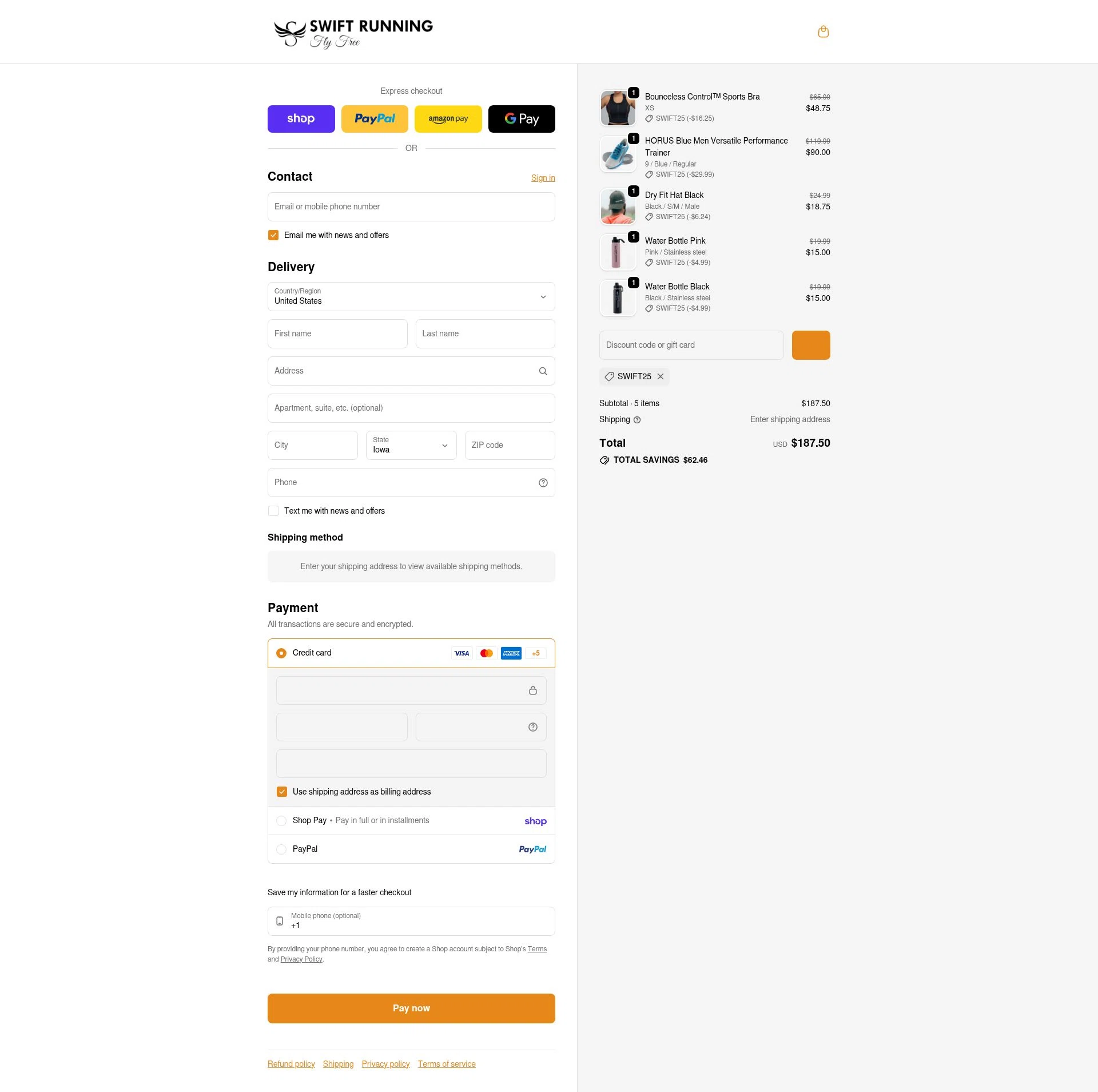 Swift Running checkout page showing Swift Running promo code box | Screenshot taken by SimplyCodes community member on Feb 14, 2026