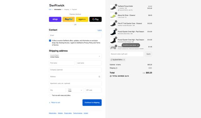 Swiftwick checkout page showing Swiftwick promo code box | Screenshot taken by SimplyCodes community member on Sep 4, 2025