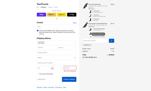 Swiftwick checkout page showing Swiftwick promo code box | Screenshot taken by SimplyCodes community member on Sep 12, 2025