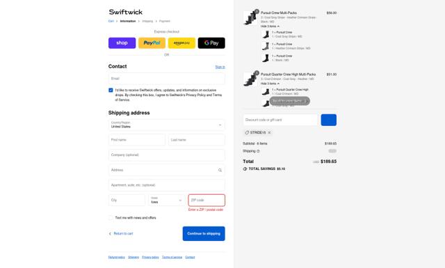 Swiftwick checkout page showing Swiftwick promo code box | Screenshot taken by SimplyCodes community member on Sep 12, 2025