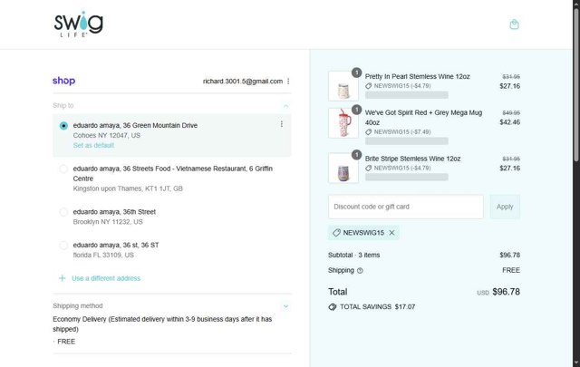 Swig Life checkout page showing Swig Life discount code box | Screenshot taken by SimplyCodes community member on Aug 14, 2025