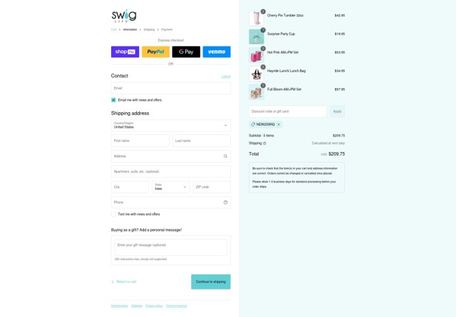 Swig Life checkout page showing Swig Life discount code box | Screenshot taken by SimplyCodes community member on Aug 10, 2025