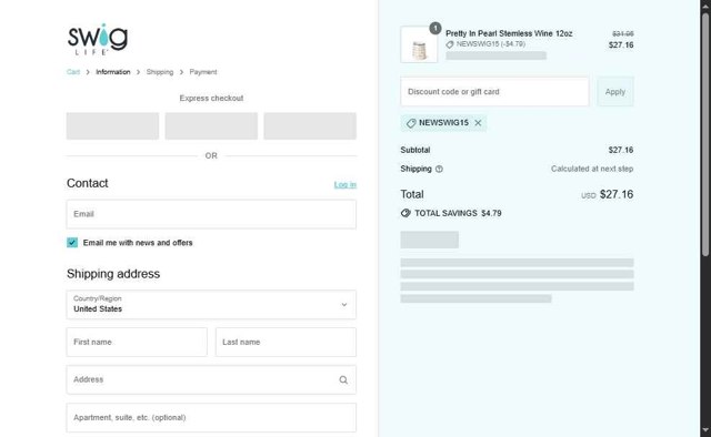 Swig Life checkout page showing Swig Life discount code box | Screenshot taken by SimplyCodes community member on Aug 19, 2025