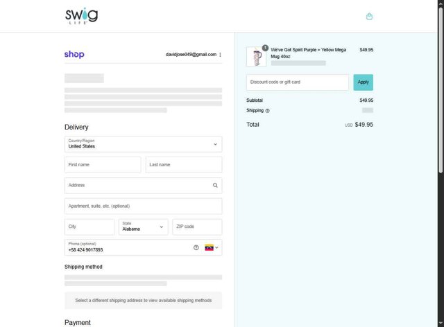 Swig Life checkout page showing Swig Life discount code box | Screenshot taken by SimplyCodes community member on Aug 13, 2025