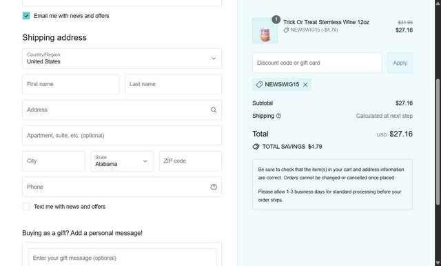 Swig Life checkout page showing Swig Life discount code box | Screenshot taken by SimplyCodes community member on Aug 28, 2025