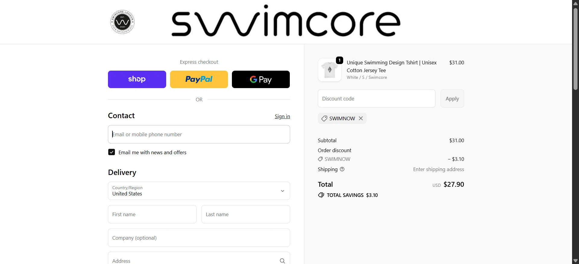Swimcore promo code screenshot showing code SWIMNOW applied at Swimcore checkout page. Uploaded by SimplyCodes community member GloriousHero3972 on Jun 8, 2026