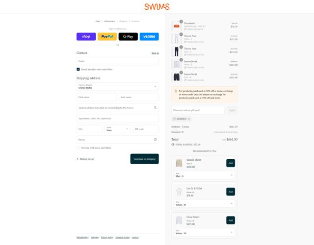 SWIMS checkout page showing SWIMS discount code box | Screenshot taken by SimplyCodes community member on Sep 12, 2025