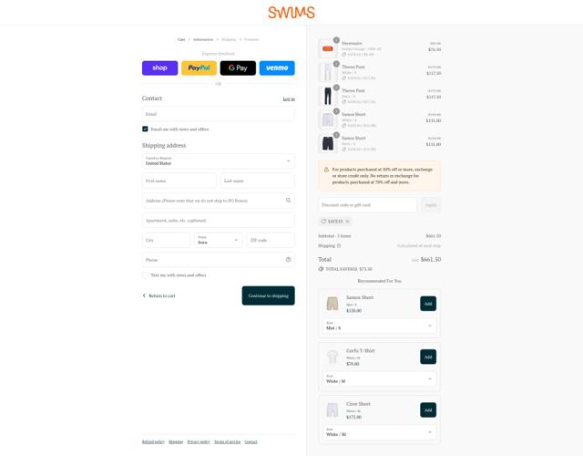 SWIMS checkout page showing SWIMS discount code box | Screenshot taken by SimplyCodes community member on Sep 4, 2025