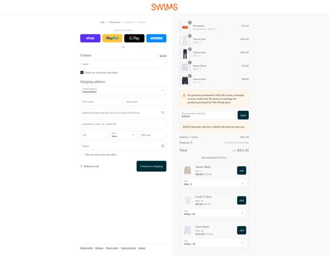 SWIMS checkout page showing SWIMS discount code box | Screenshot taken by SimplyCodes community member on Aug 31, 2025