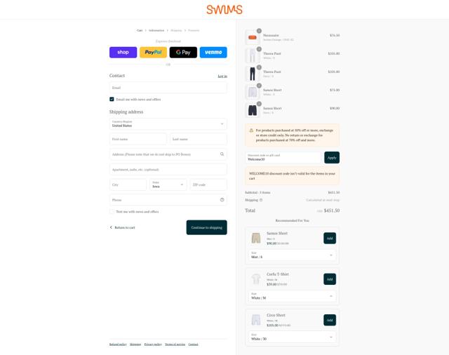 SWIMS checkout page showing SWIMS discount code box | Screenshot taken by SimplyCodes community member on Aug 31, 2025