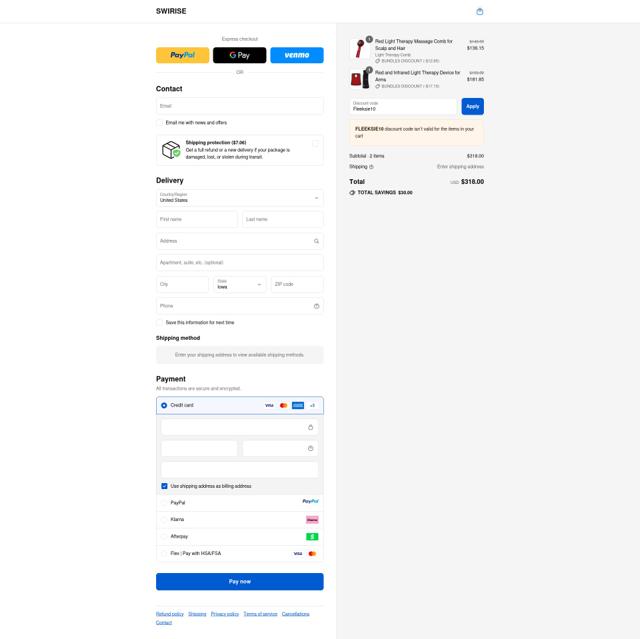 Swirise checkout page showing Swirise discount code box | Screenshot taken by SimplyCodes community member on Sep 12, 2025