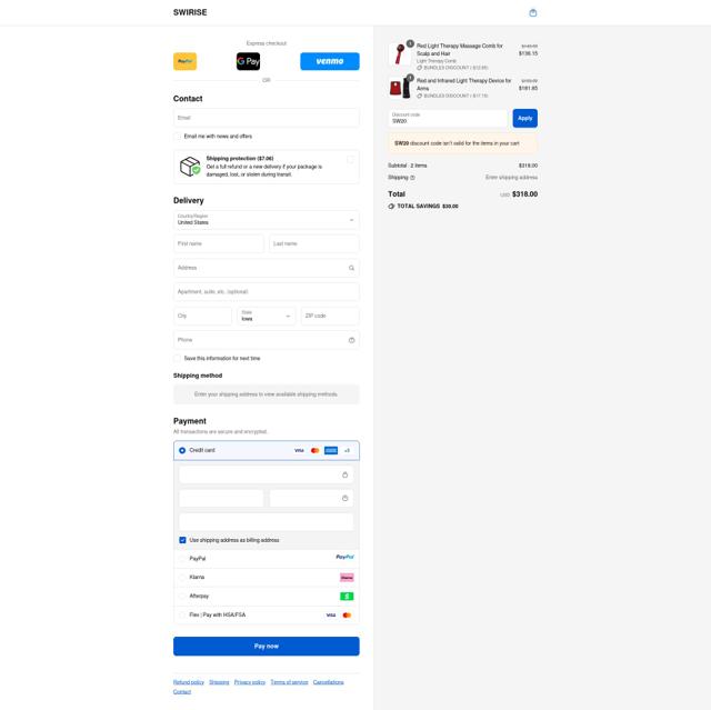 Swirise checkout page showing Swirise discount code box | Screenshot taken by SimplyCodes community member on Sep 12, 2025