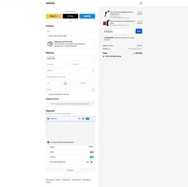 Swirise checkout page showing Swirise discount code box | Screenshot taken by SimplyCodes community member on Sep 12, 2025